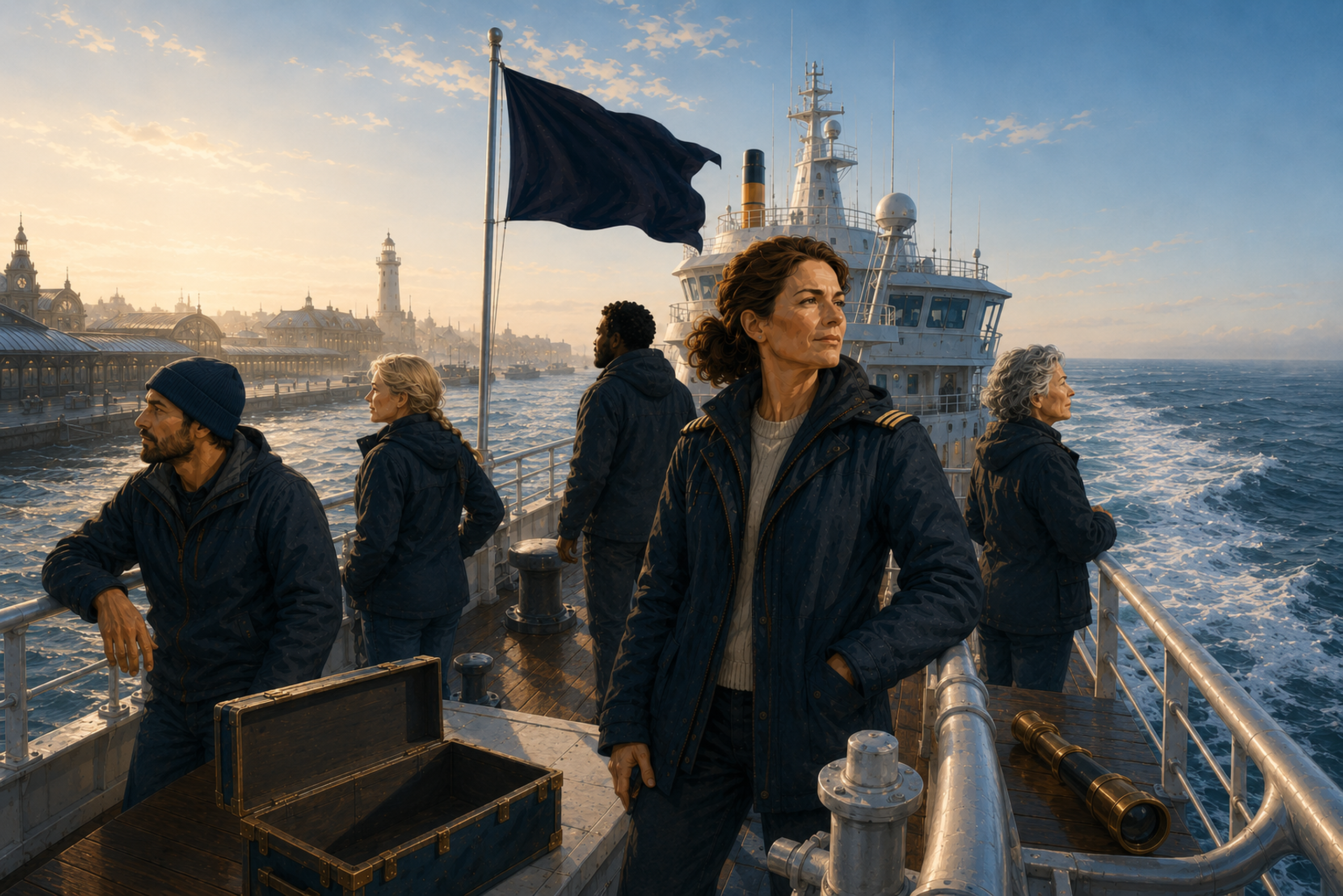 The five-person Expedition crew leaves Harbour Station aboard the canonical ship, with the Railway clear behind and marine mist ahead.