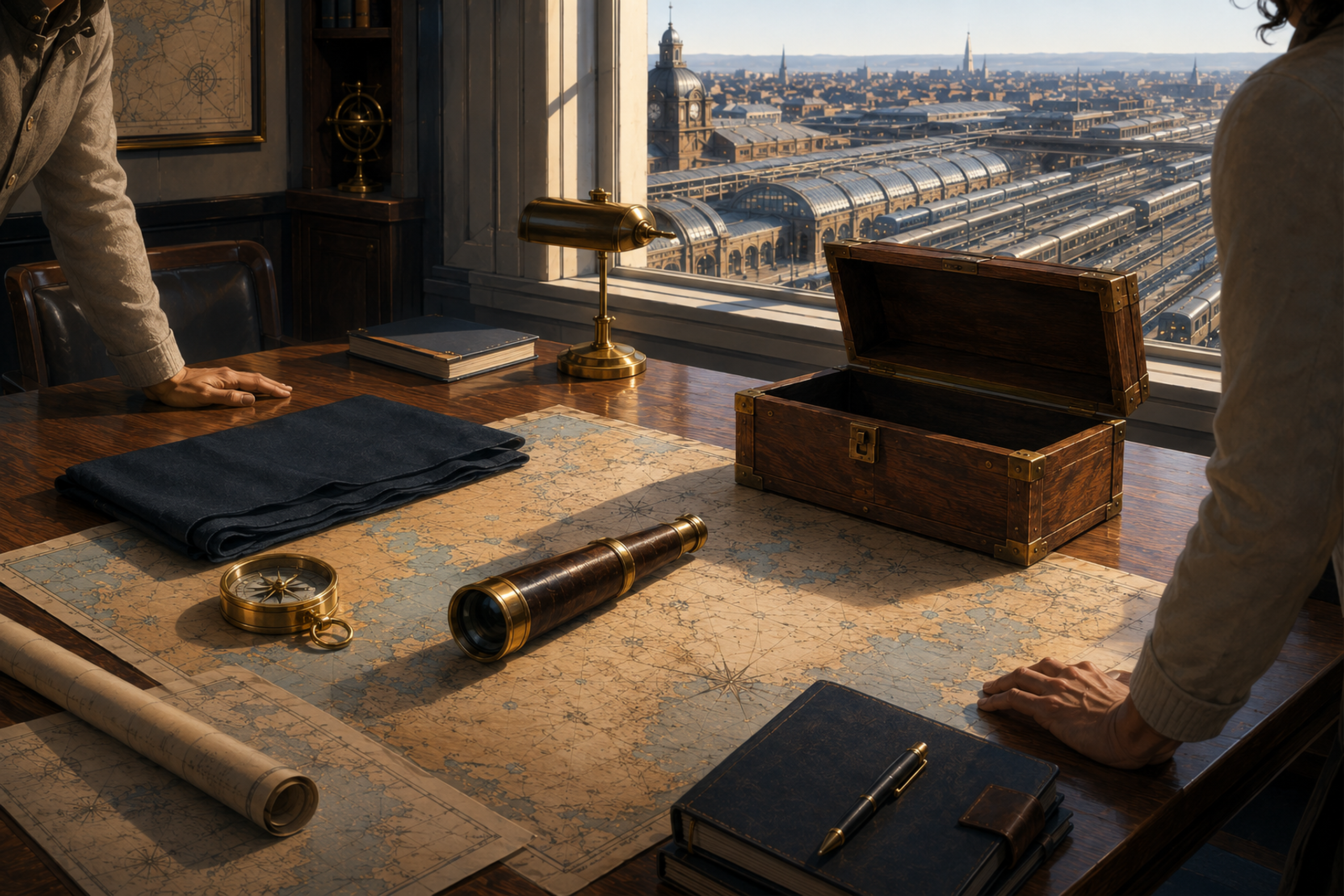 An old map, folded flag, spyglass, compass and empty treasure chest are prepared in the Railmaster’s office before departure.