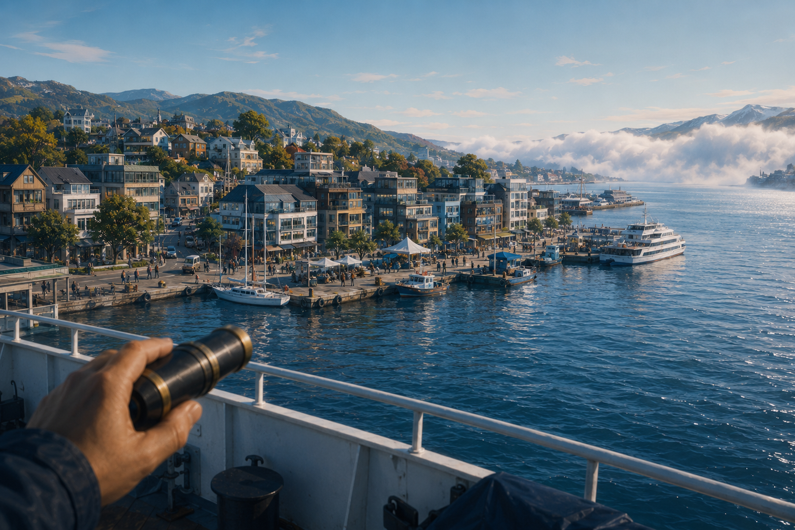 From the Expedition ship, a spyglass looks outward across clear water toward a harbour town, with the next unknown farther ahead.