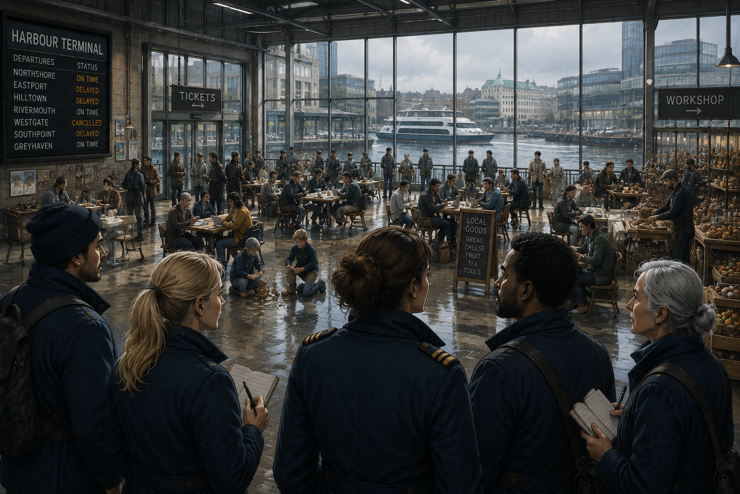 The Expedition crew observes people working, meeting and gathering in a busy harbour terminal.