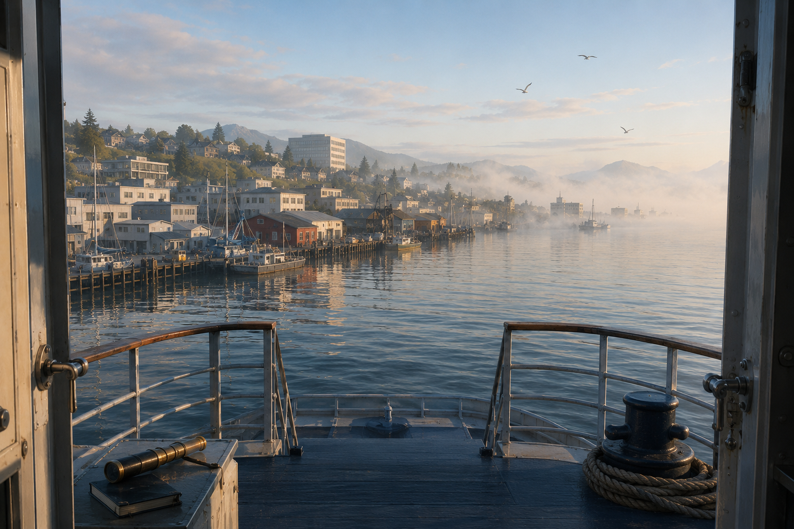 From aboard the Expedition, the next coast emerges across calm water beneath low marine fog.