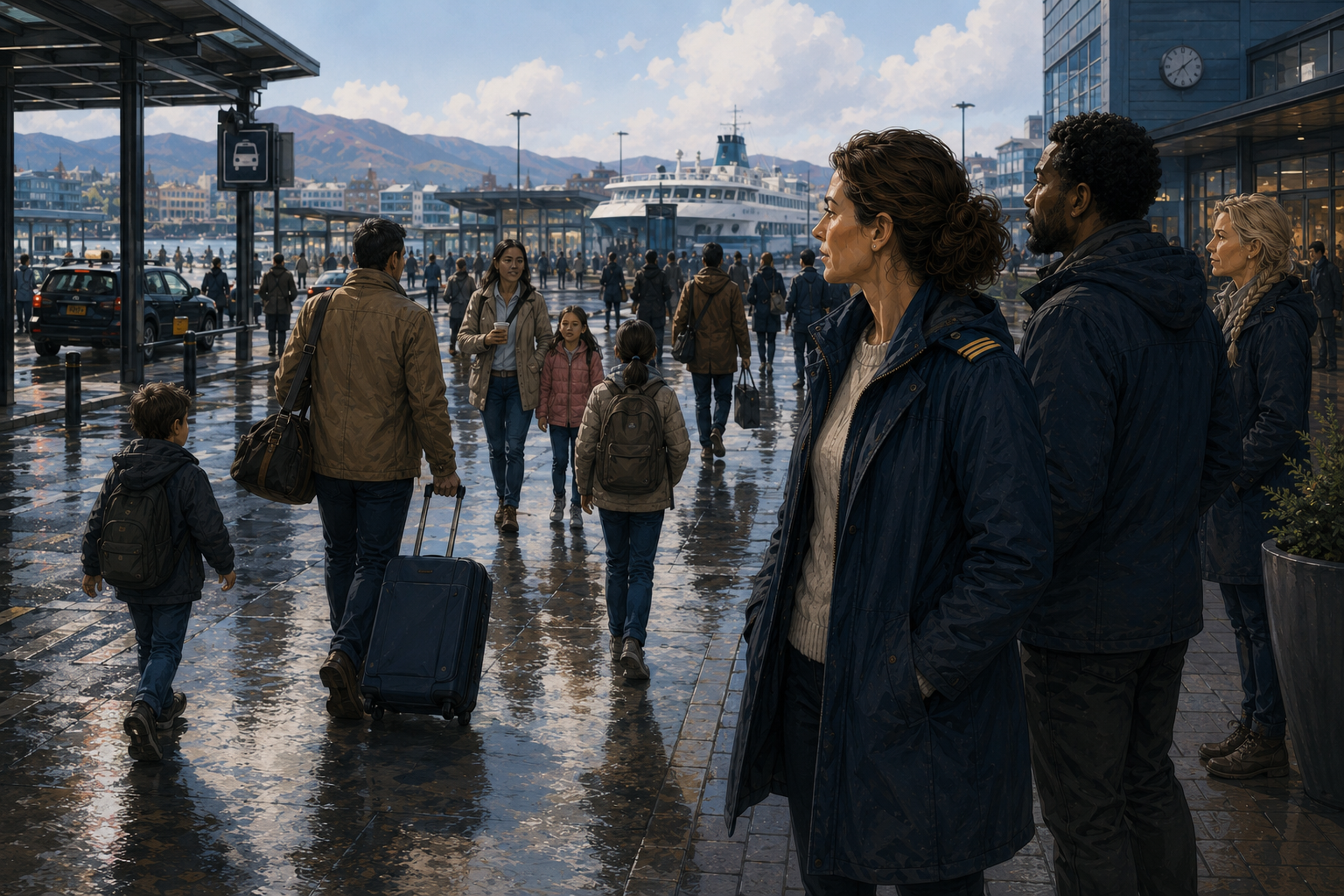 The Expedition observes people moving through an ordinary day at a harbour terminal.