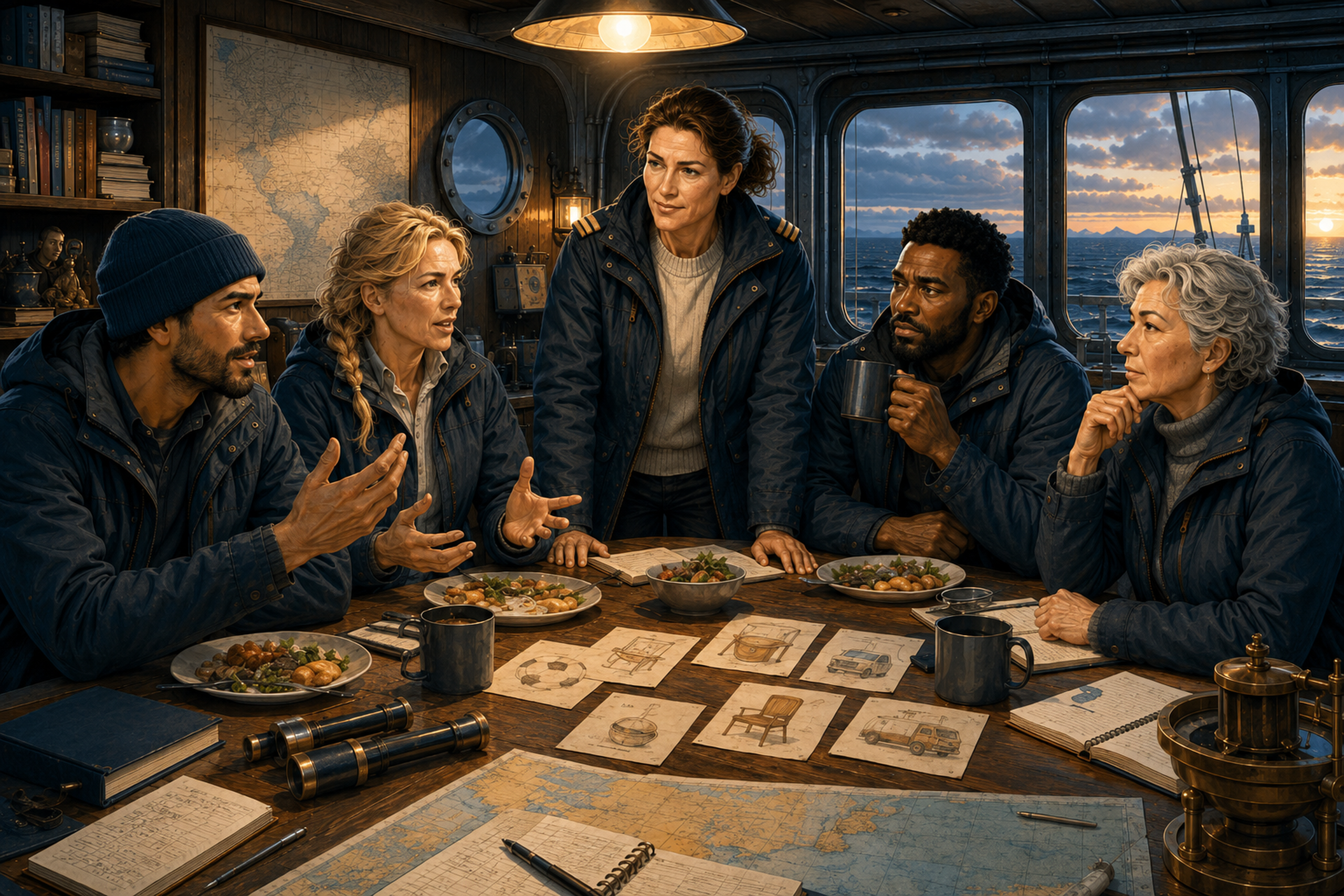The five Expedition crew members compare stories and discoveries around the supper table aboard ship.