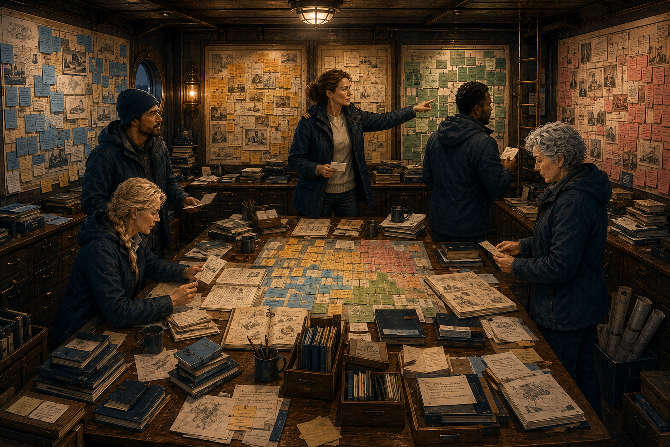 The five Expedition crew members work through accumulated Discoveries in the chart room.