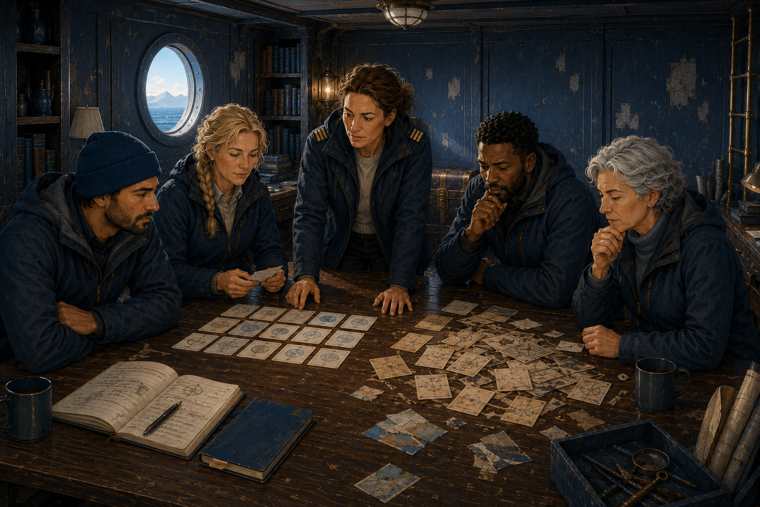 The five Expedition crew members examine reconstructed and left-behind material at the working table.
