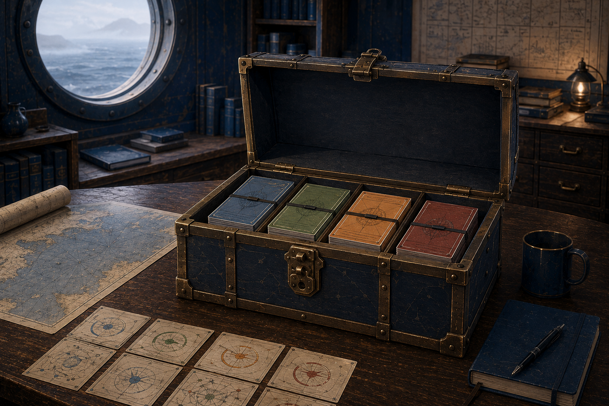 An open Treasure chest holds four orderly stacks of committed Key Insight cards in blue, green, orange and red.
