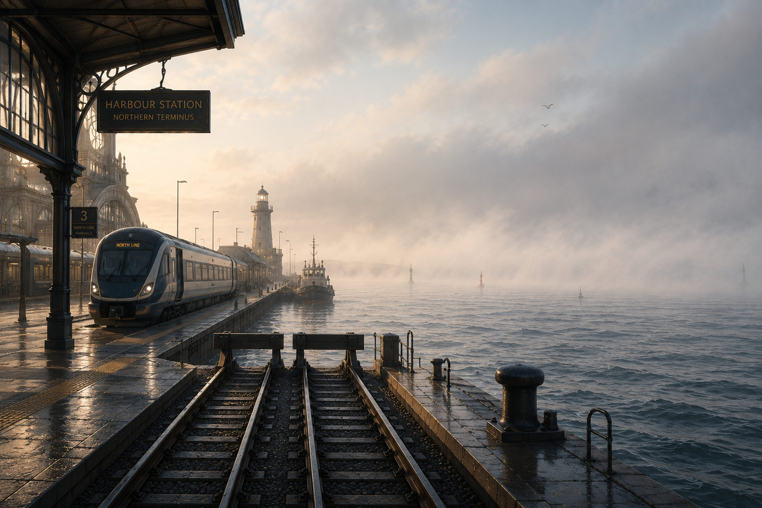 Railway tracks end at Harbour Station beside open water as fog approaches.