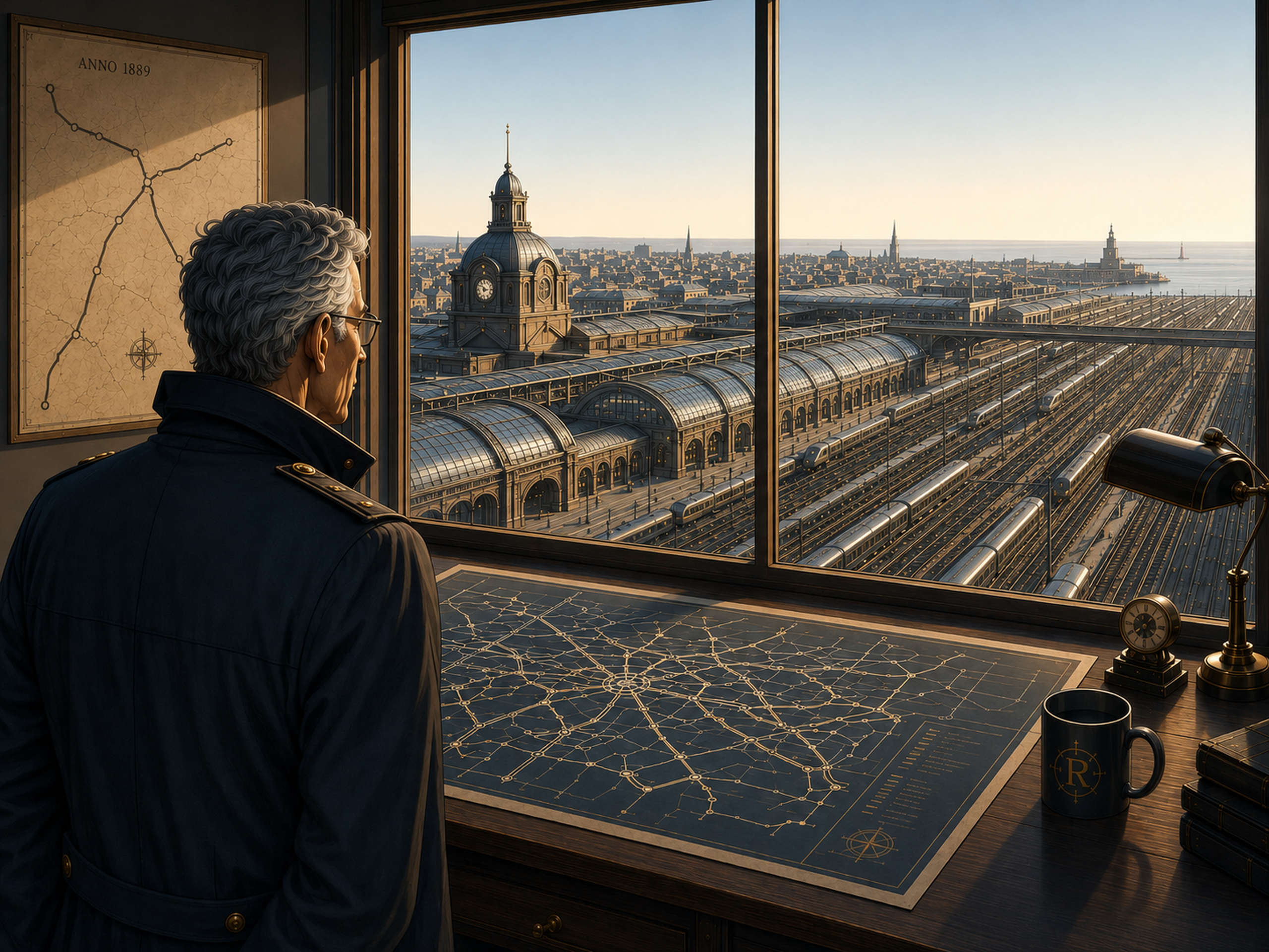 The Railmaster looks over Central Station from a room filled with Railway maps.